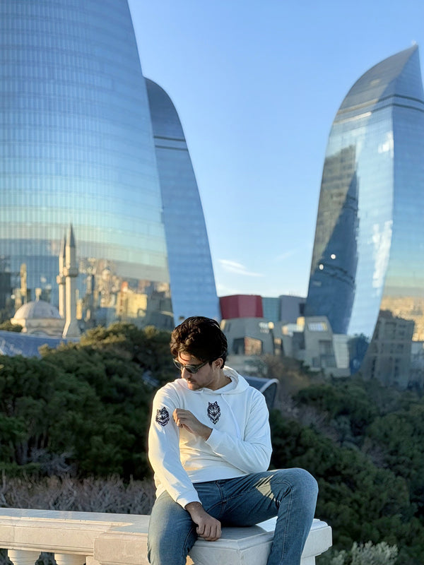 White Cotton Hoodie with Wolf Sticker