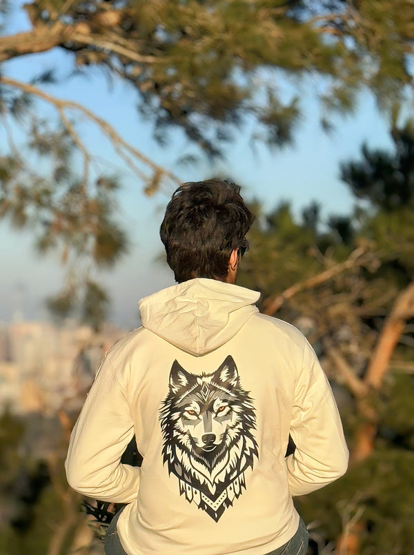 White Cotton Hoodie with Wolf Sticker