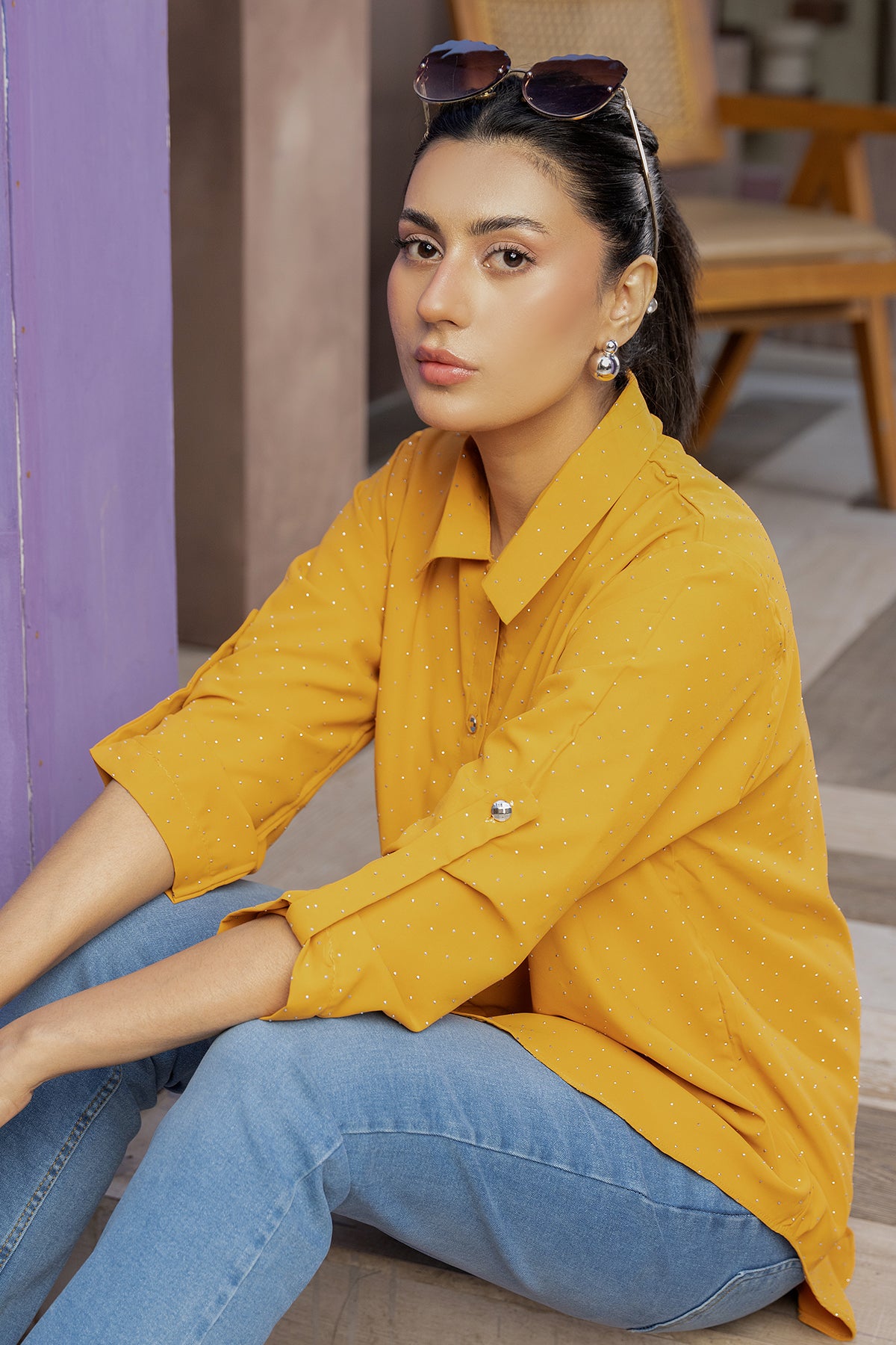 Celeste Glow Button Shirt ( Mustard Gold Top)