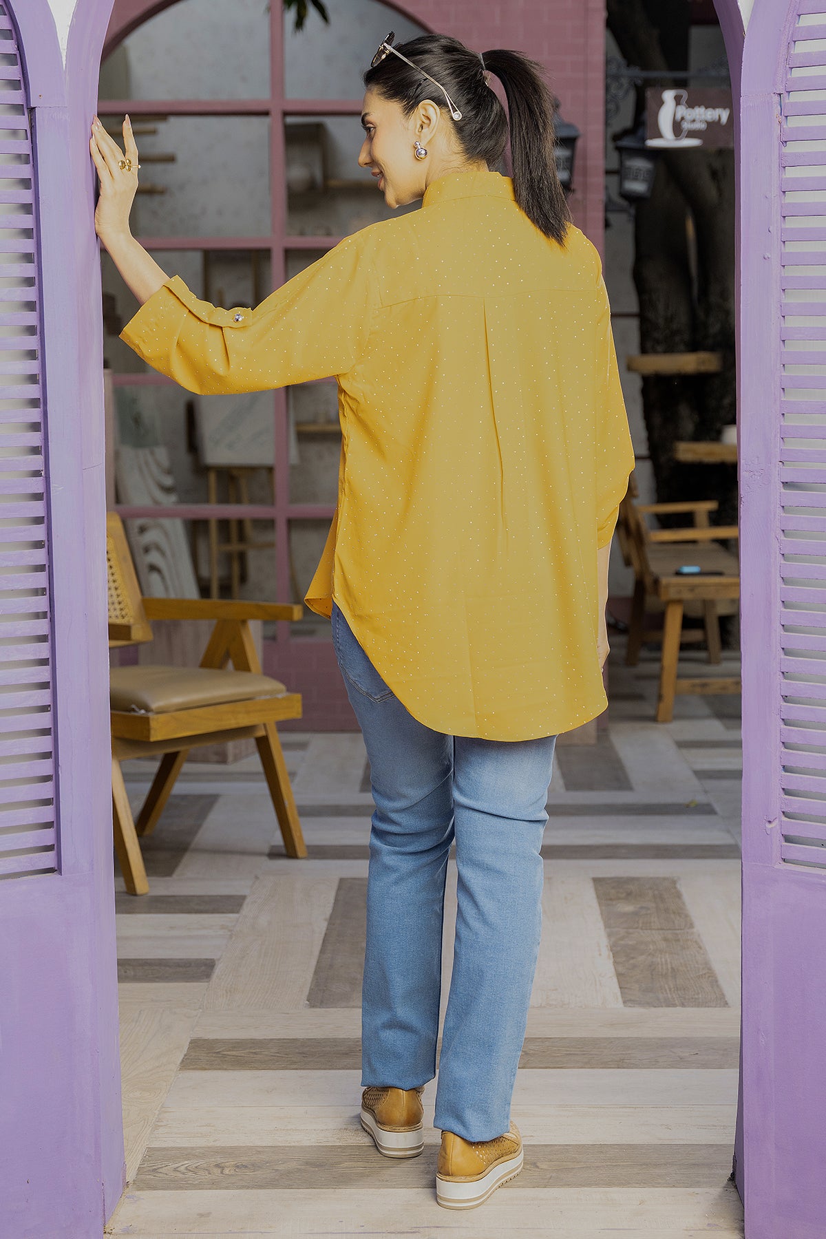 Celeste Glow Button Shirt ( Mustard Gold Top)