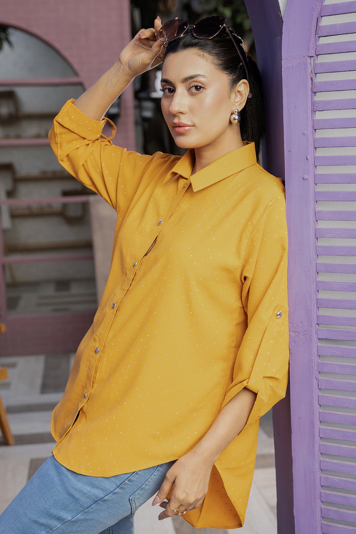 Celeste Glow Button Shirt ( Mustard Gold Top)
